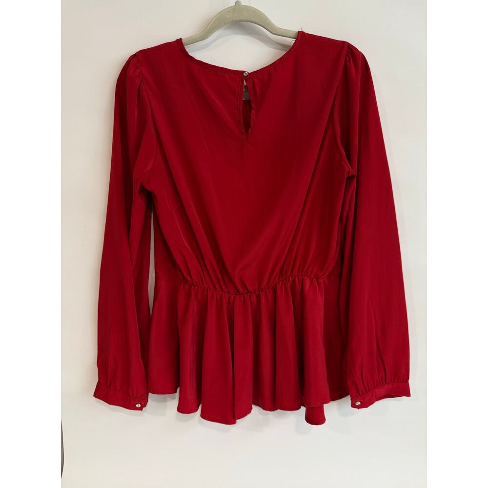 Honey Punch Red Satin Feel Blouse Large Ruffle Hem Long Sleeve Keyhole - Picture 2 of 6